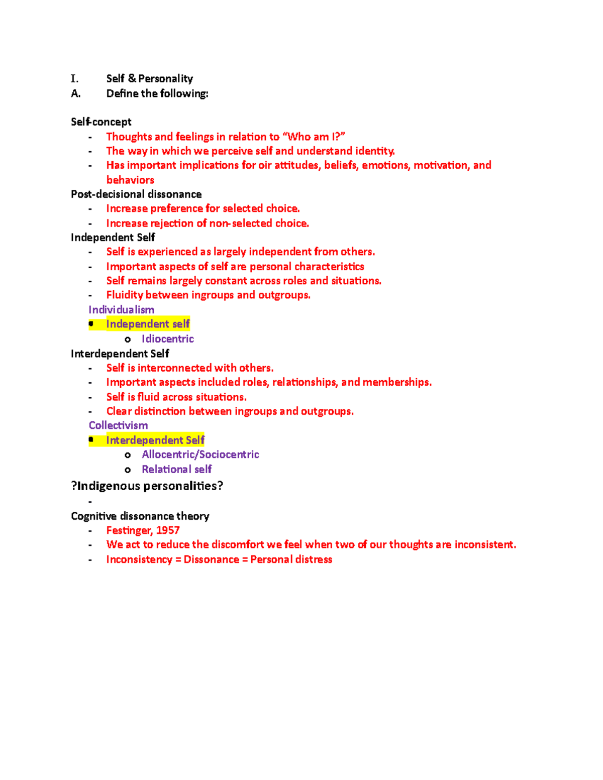 Exam 3 study guide psych 100 - I. A. Self & Personality Define the ...
