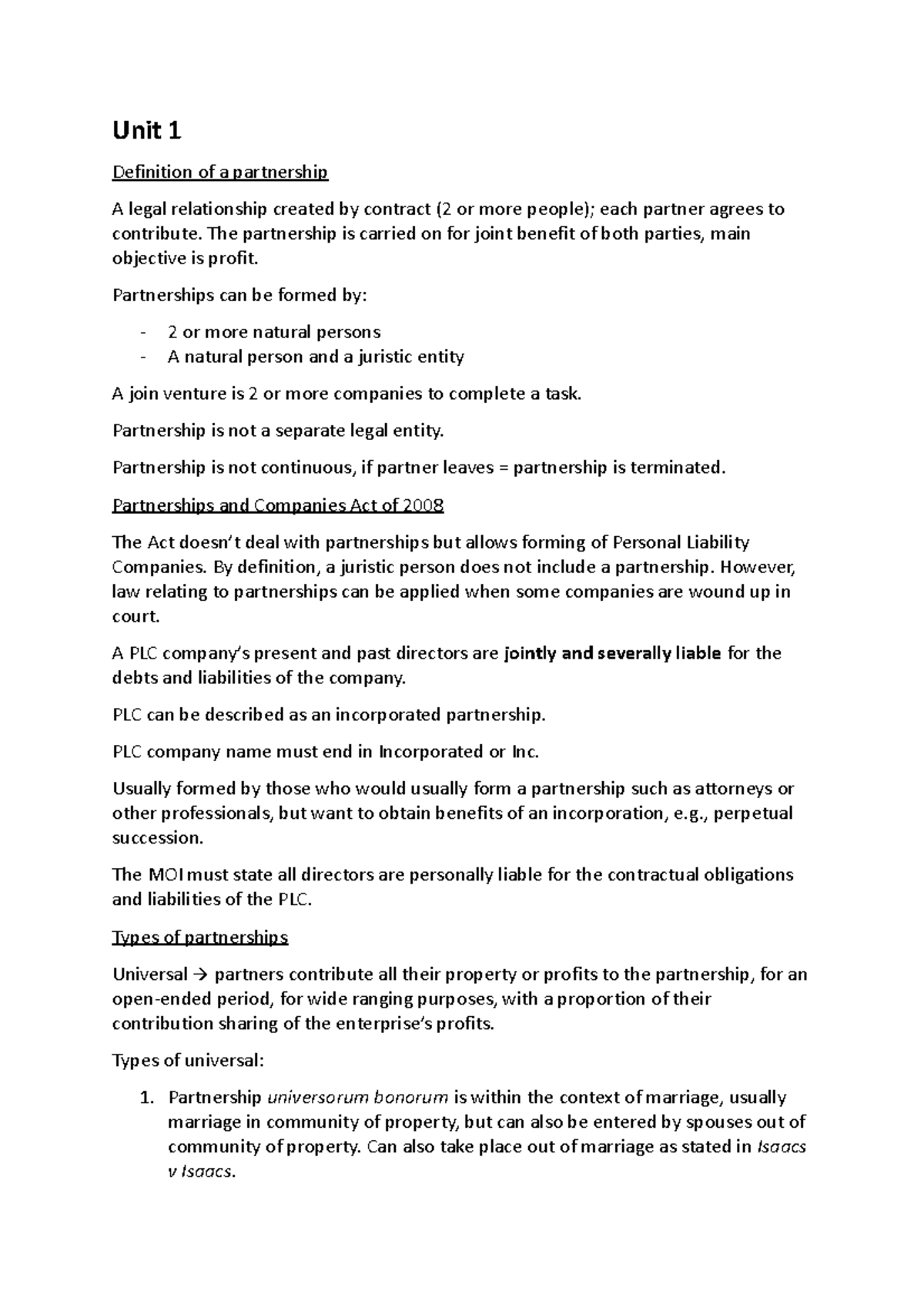 Entrepreneurial LAW Notes - Unit 1 Definition of a partnership A legal ...