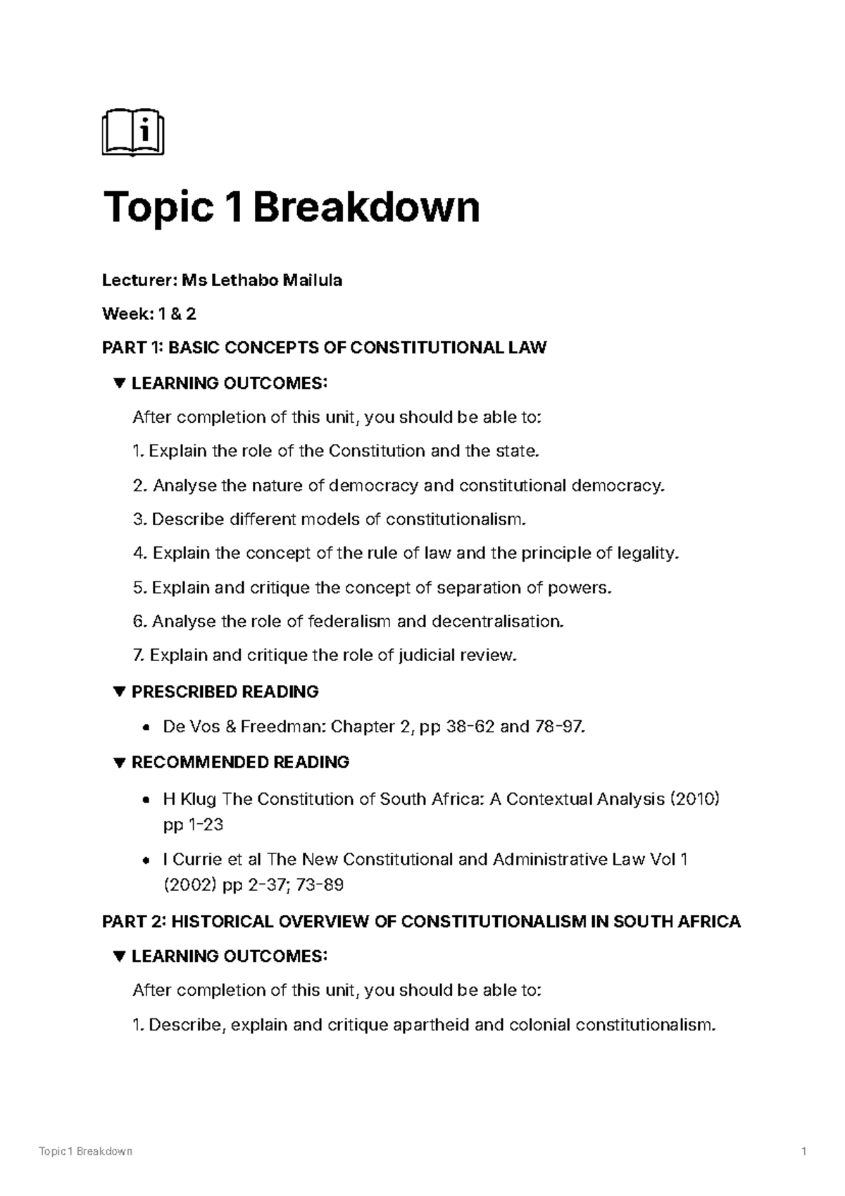 Topic 1 Breakdown - Topic 1 Breakdown 1 Topic 1 Breakdown Lecturer: Ms ...