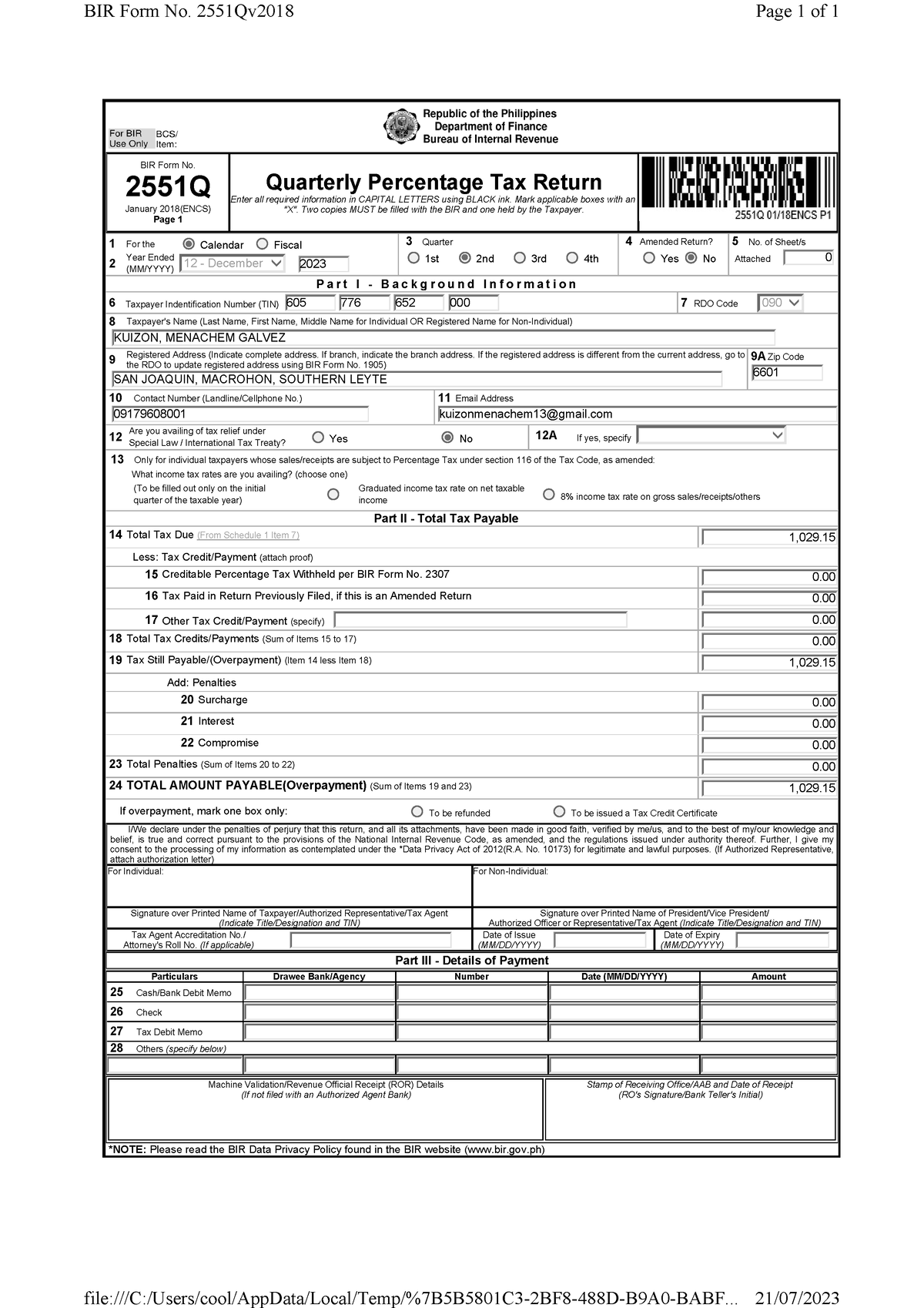 2551q 1st page - asdafww - BIR Form No. 2551Q January 2018(ENCS) Page 1 ...