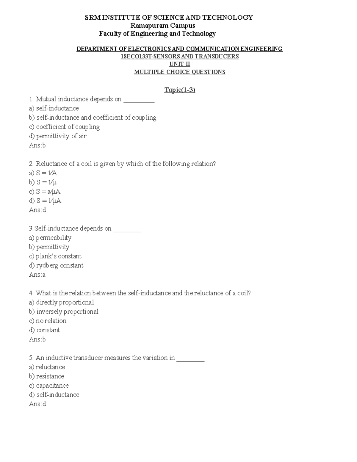 18ECO133T Sensors AND Transducers QBII SRM INSTITUTE OF SCIENCE AND