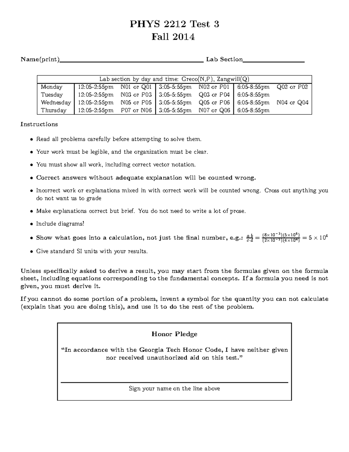 2212 Test3 Fall 2014 - practice test from 2014 - PHYS 2212 Test 3 Fall ...