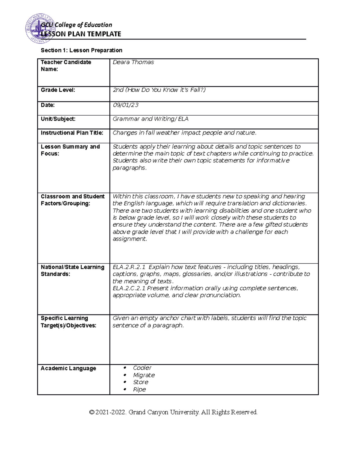 Grammar and Writing Instruction - LESSON PLAN TEMPLATE Section 1 ...