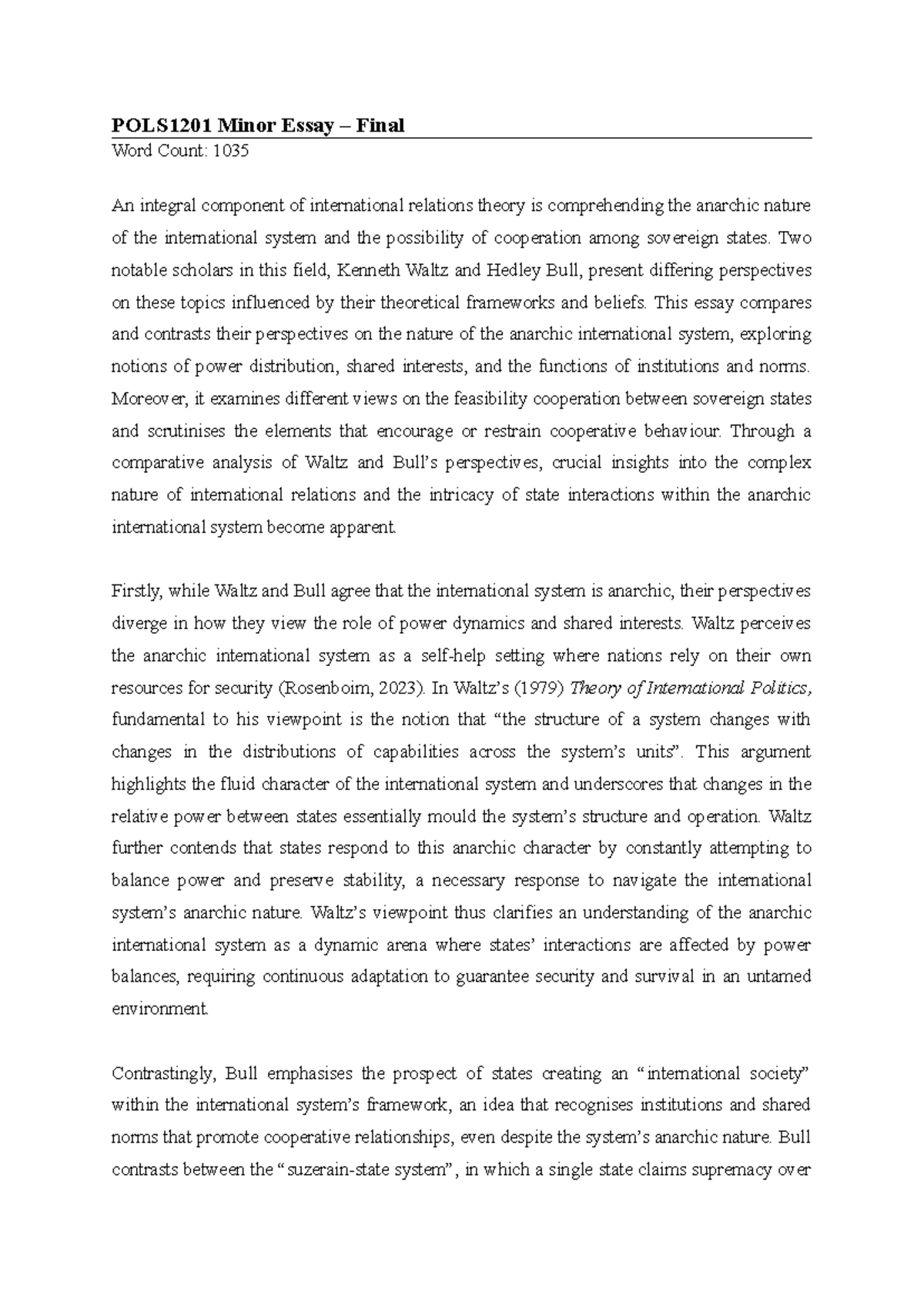 POLS1201 Minor Essay 2024 Semester 1 - POLS1201 Minor Essay – Final ...