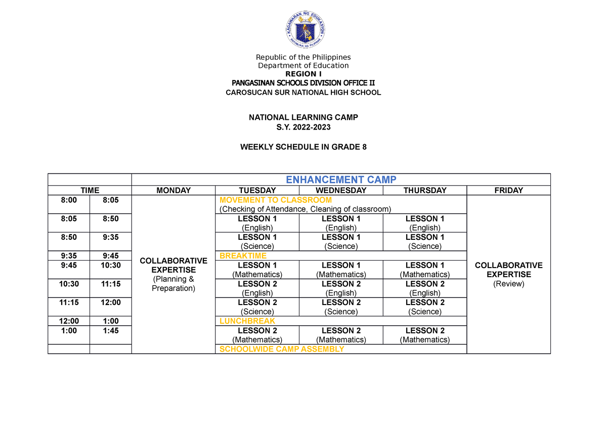 NLC Schedule NLC sched Republic of the Philippines Department of