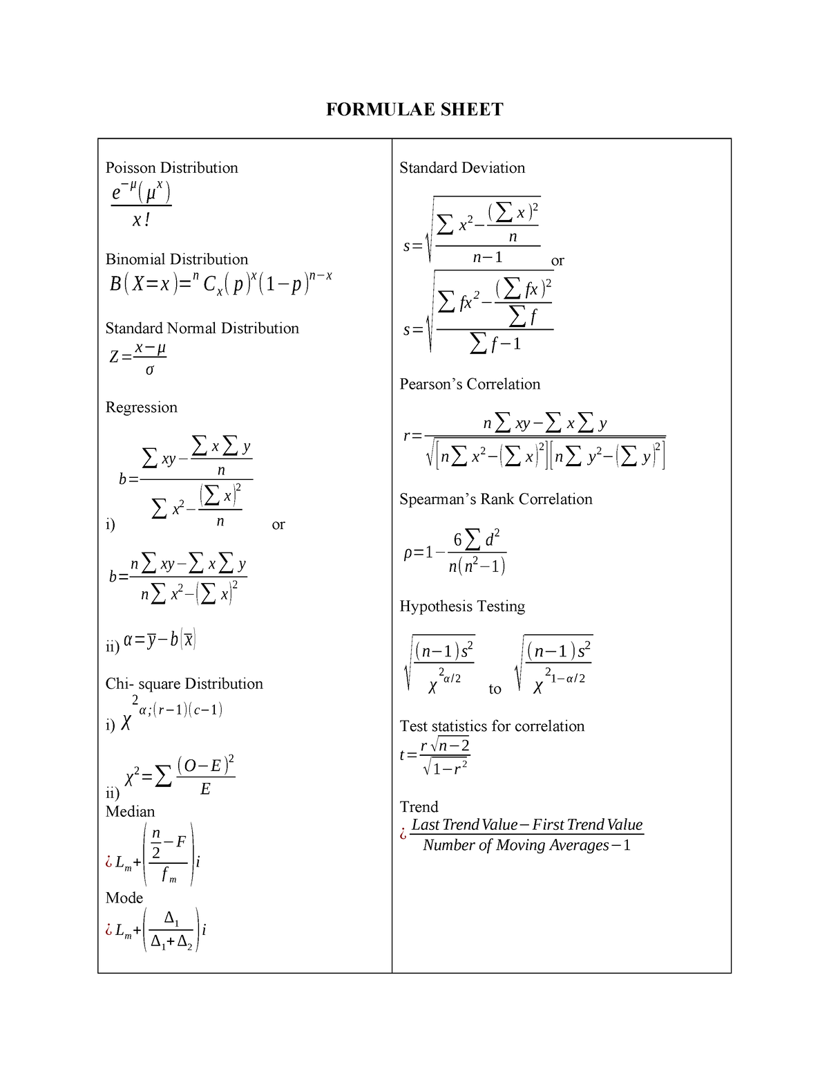 Formulae Sheet - first semester - FORMULAE SHEET Poisson Distribution ...