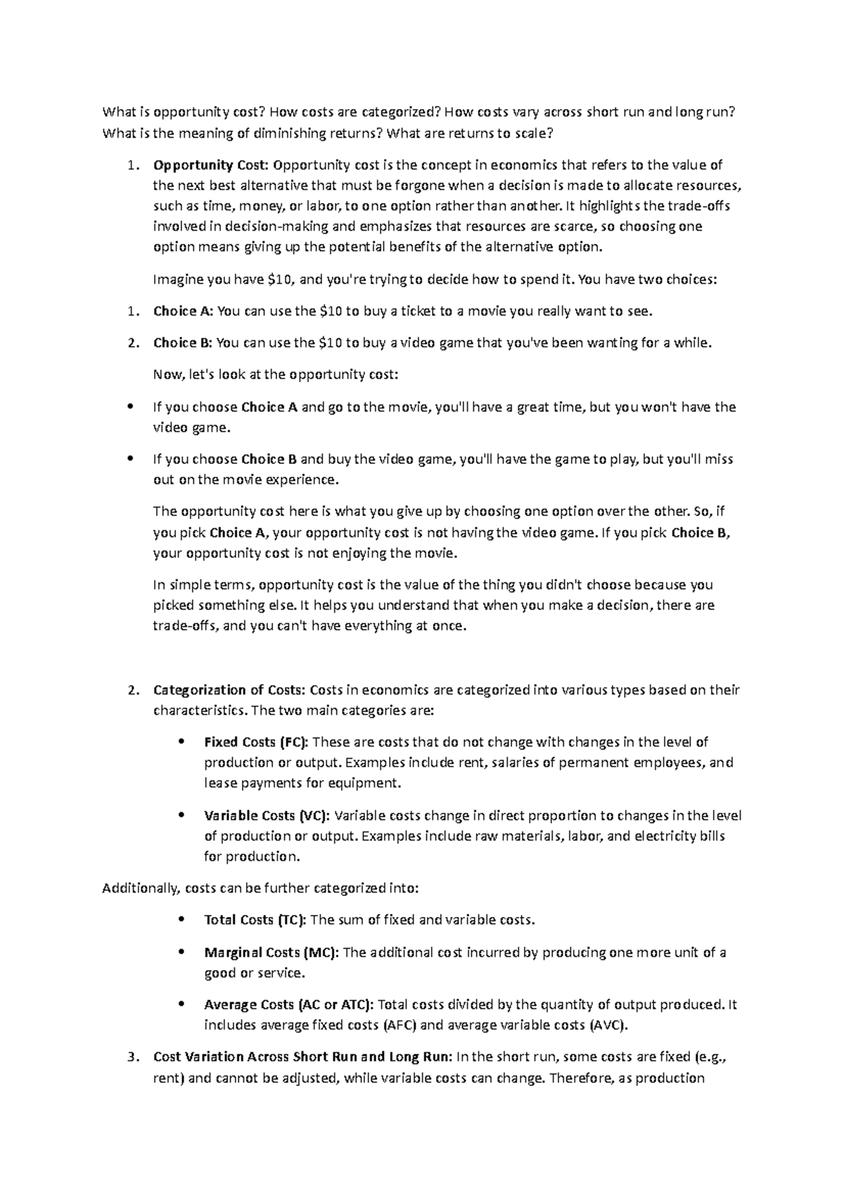 Session 3 Notes - What is opportunity cost? How costs are categorized ...