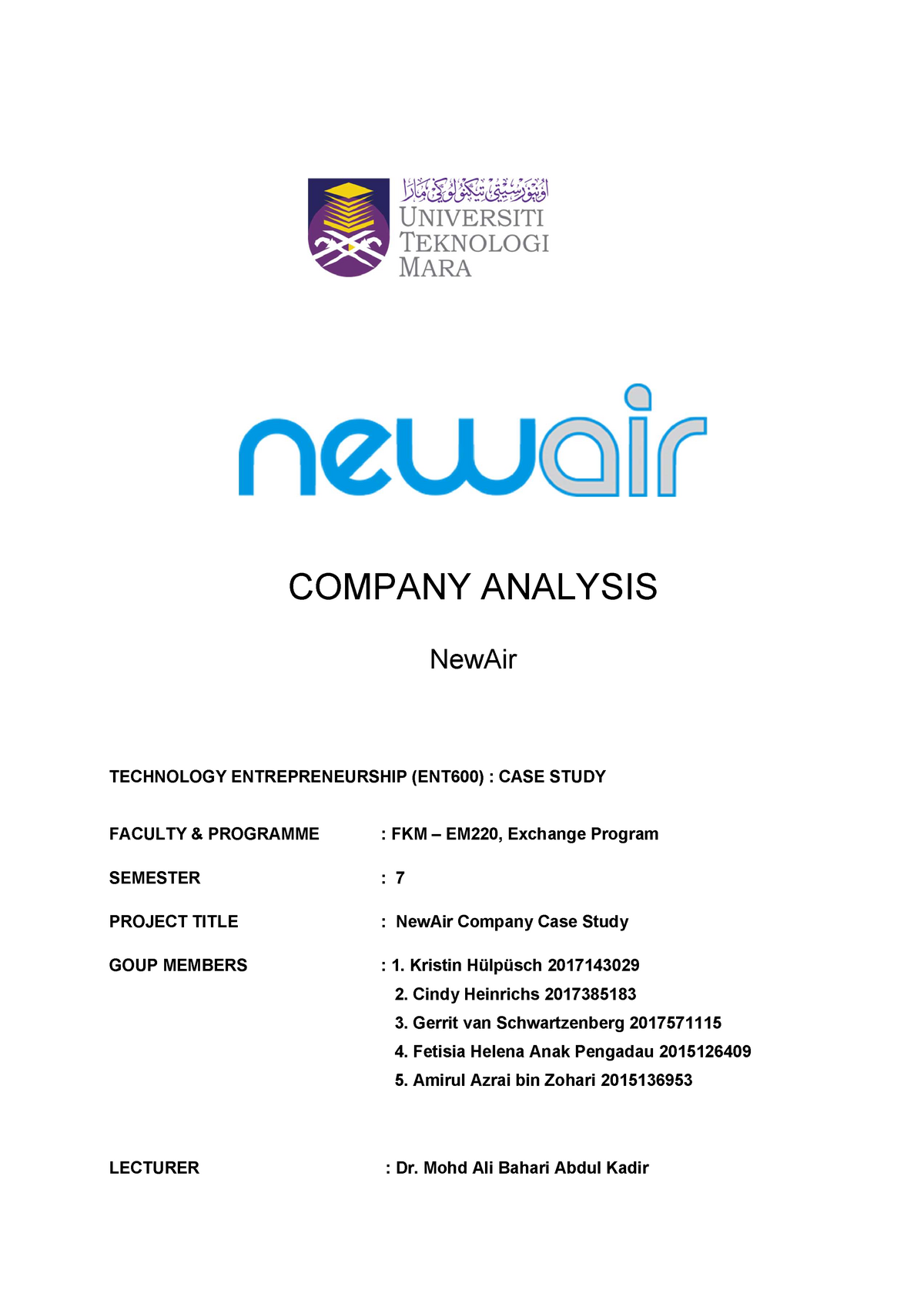 Company Analysis New Air Technology Entre - COMPANY ANALYSIS 