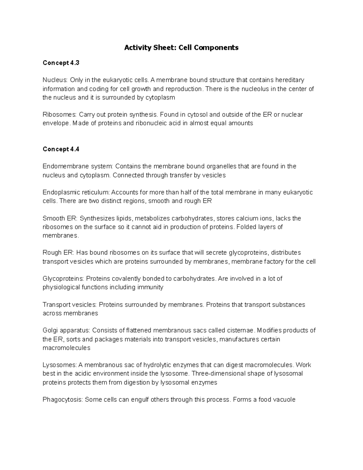Activity Sheet Cell Components - Activity Sheet: Cell Components ...