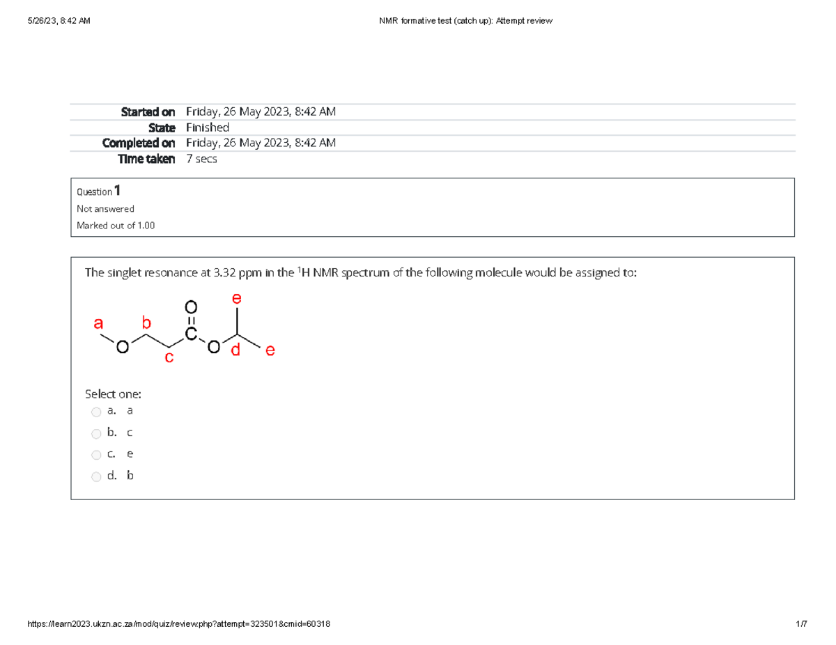 NMR formative test (catch up) Attempt review - Started on Friday, 26 ...