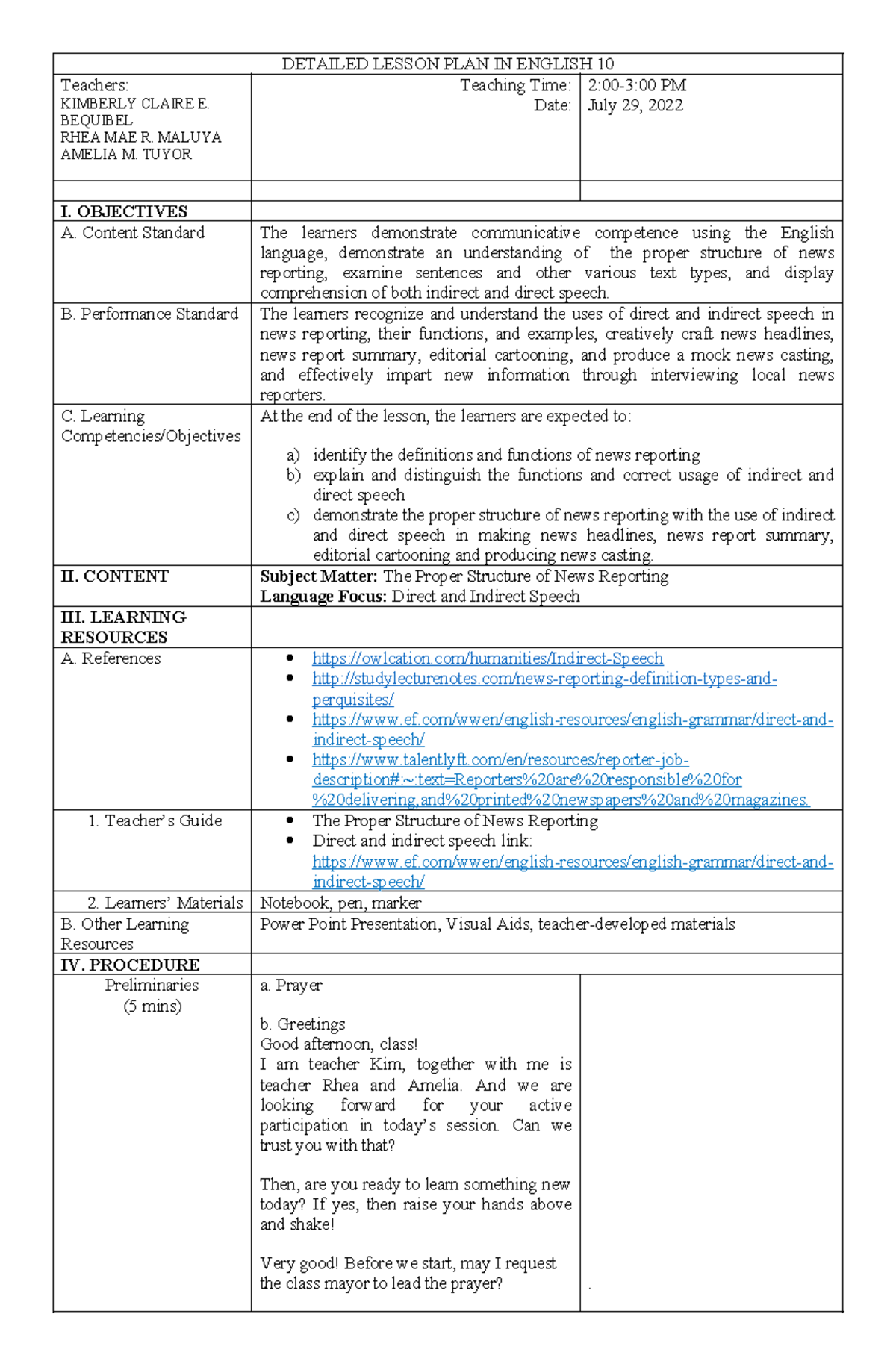 Final Detailed Lesson Plan Indirect AND Direct Speech Finall - DETAILED ...