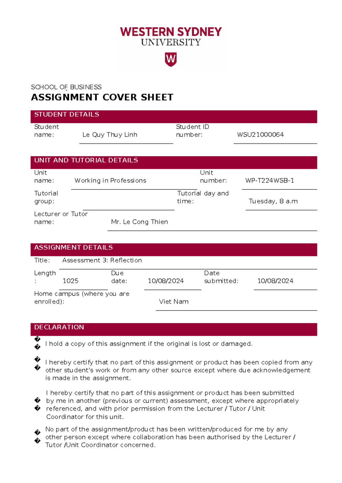 Individual Assignment cover sheet - SCHOOL OF BUSINESS ASSIGNMENT COVER ...