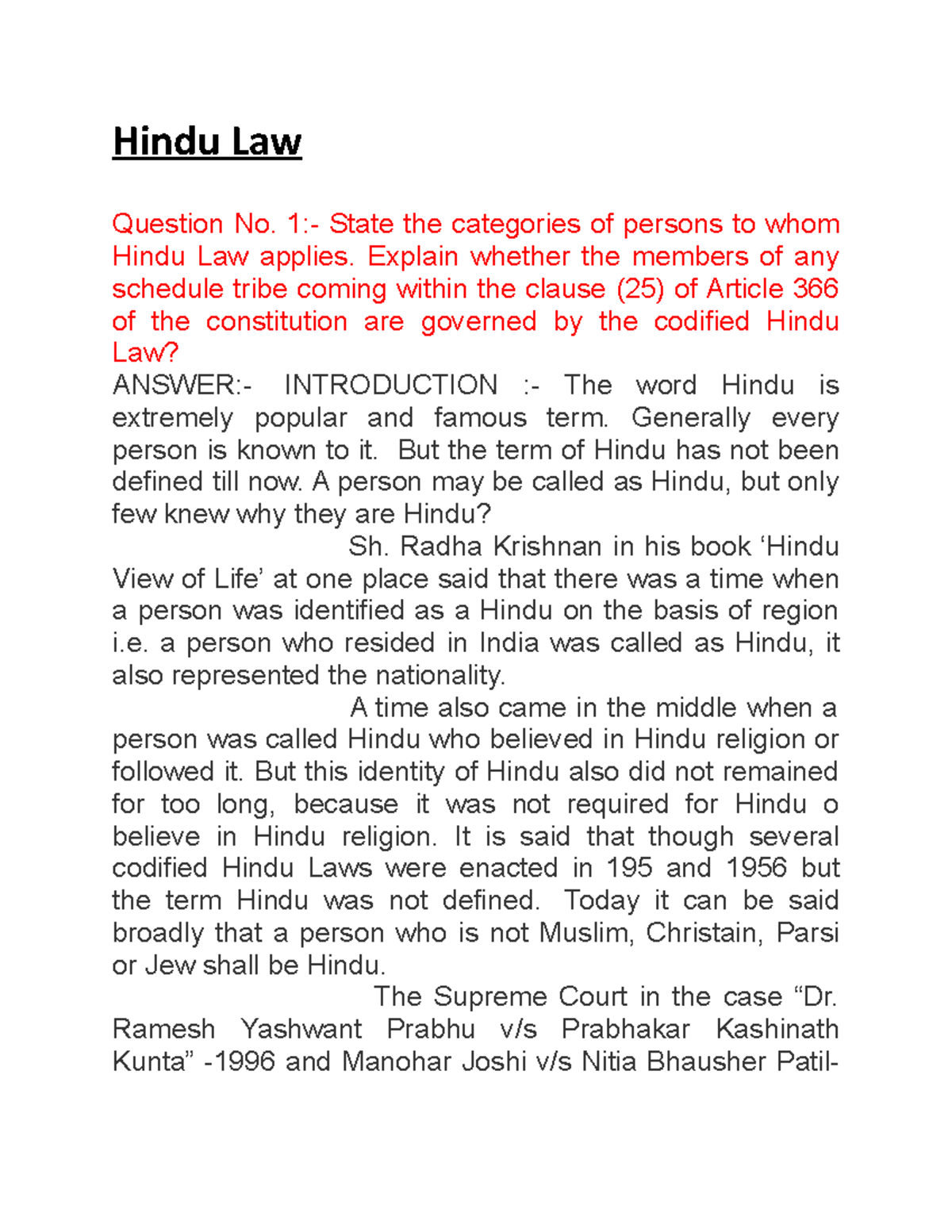 Hindu Law Question Answers Hindu Law Question No. 1 State the categories of persons to