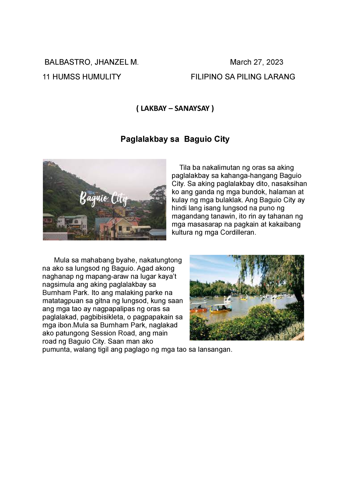 Lakbay Sanaysay - Nah - BALBASTRO, JHANZEL M. March 27, 2023 11 HUMSS ...