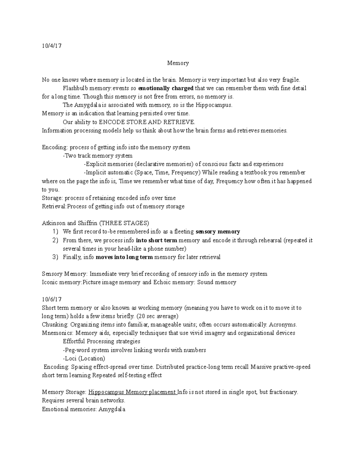 Chapter 7 - Lecture notes 7 - 10/4/17 Memory No one knows where memory ...