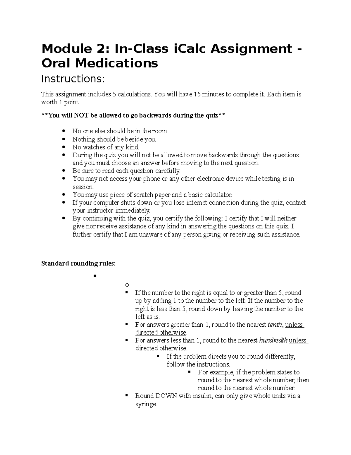 NRSG 353 Module 2 InClass i Calc Assignment Oral Medications