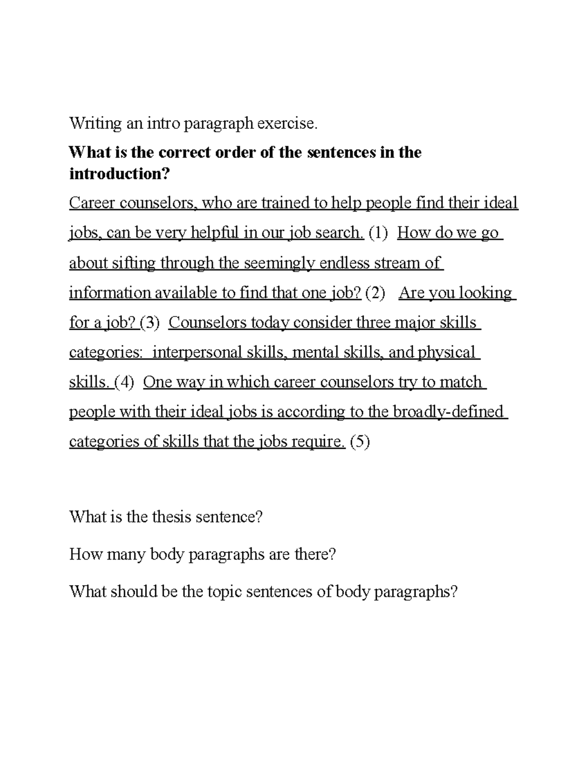 Writing an intro paragraph exercise What is the correct order of the