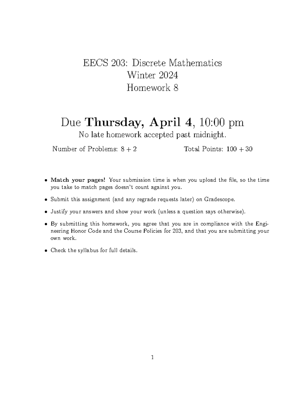 Homework 8 - EECS 203: Discrete Mathematics Winter 2024 Homework 8 Due ...