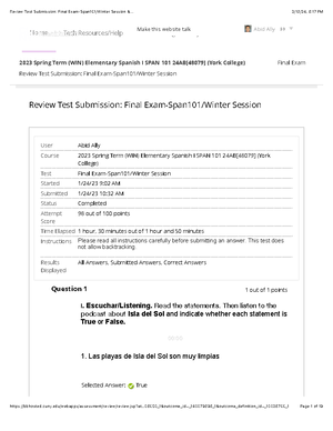 Spanish Practice Exam 1 - Review Test Submission: Exam 1 - Winter ...