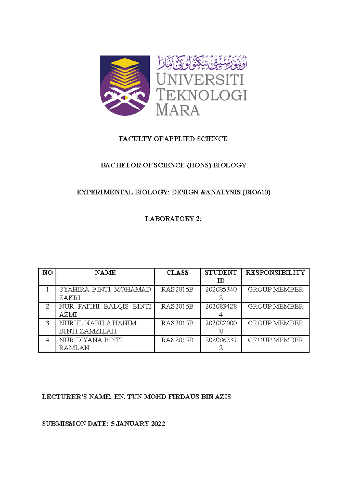 LAB Probability LAB REPORT FACULTY OF APPLIED SCIENCE BACHELOR OF