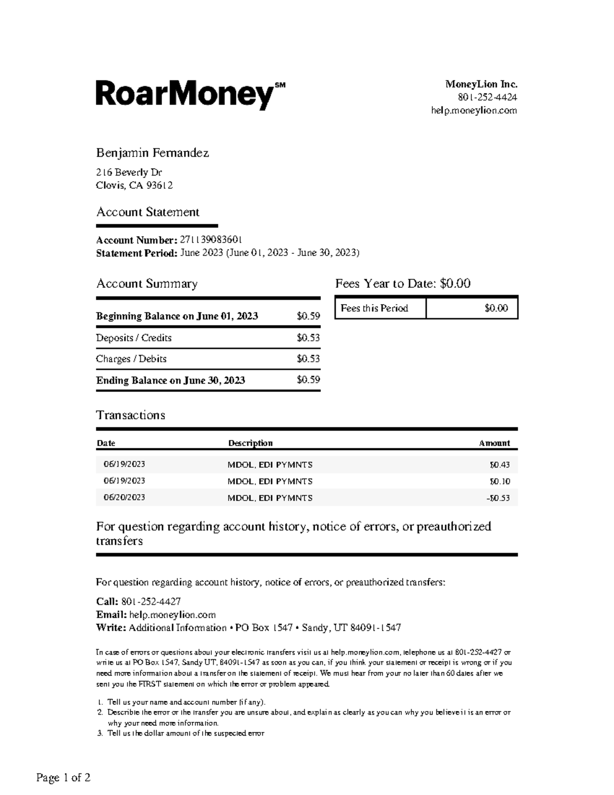 Account Money Lion - Page 1 of 2 1. 2. 3. MoneyLion Inc. 801-252- help ...