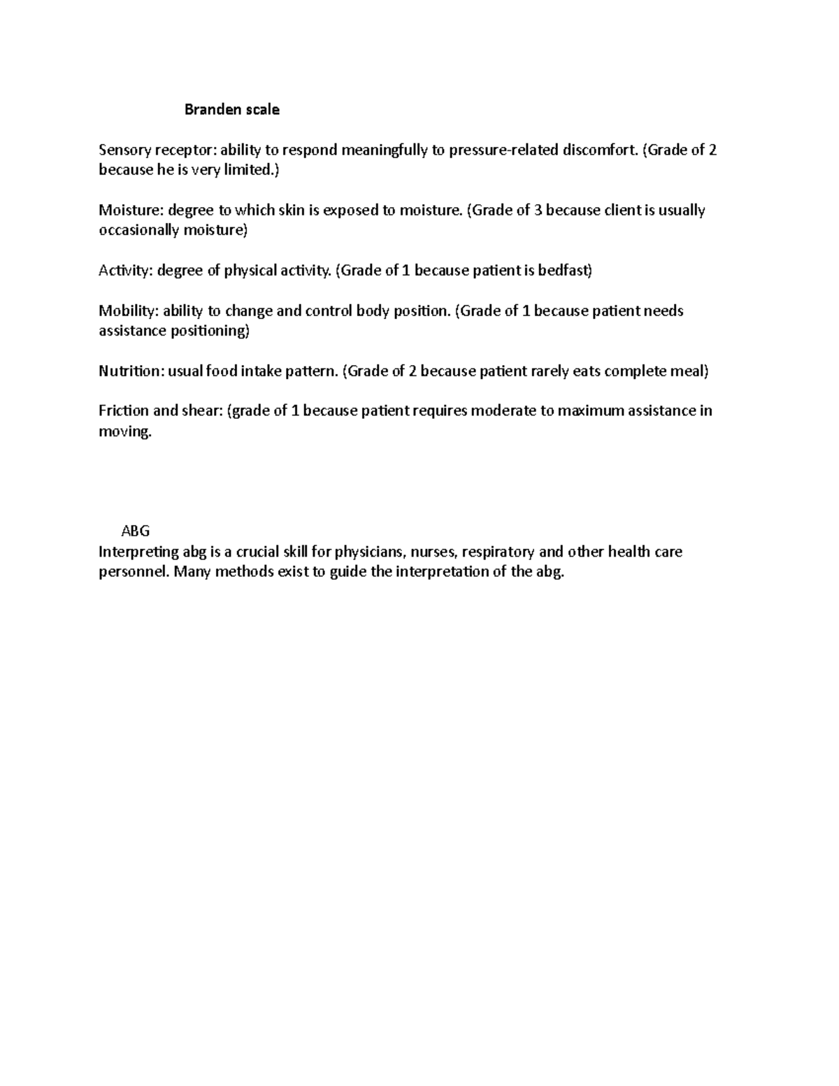 Branden scale ih bdobv v: - Branden scale Sensory receptor: ability to ...