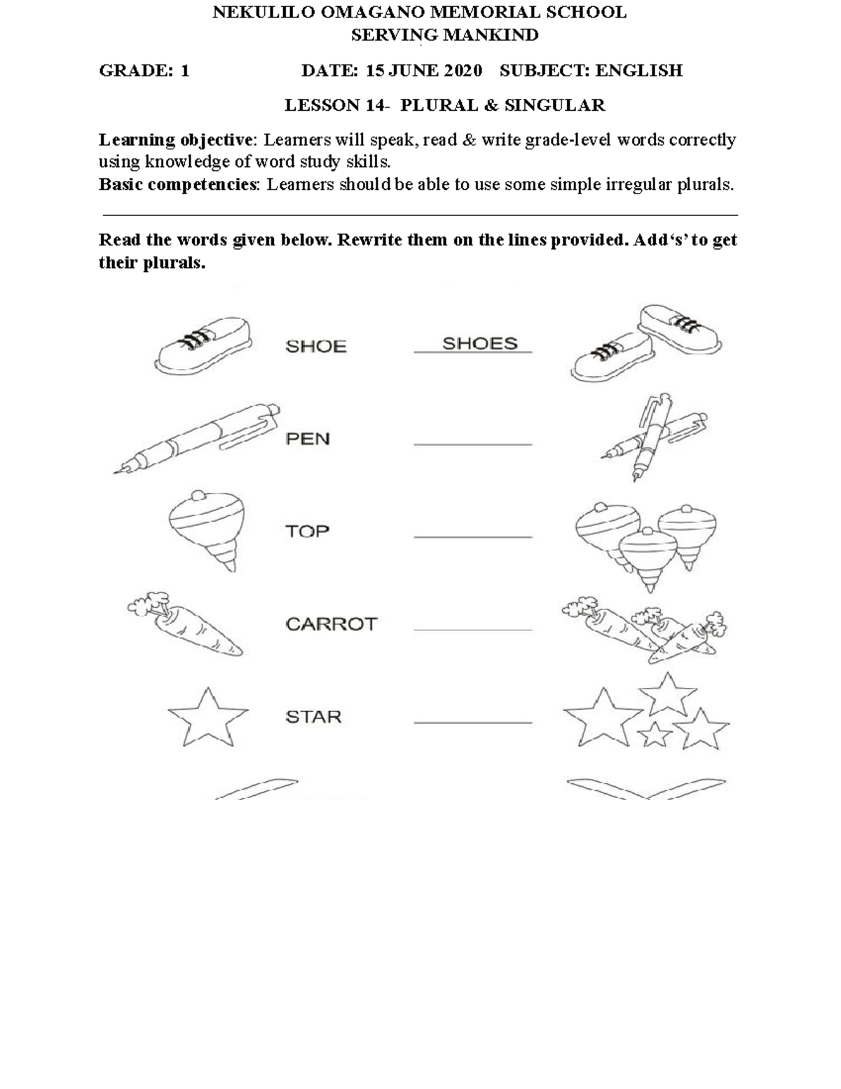 Grade 1 Les 14 Eng and Afr 15 - NEKULILO OMAGANO MEMORIAL SCHOOL ...