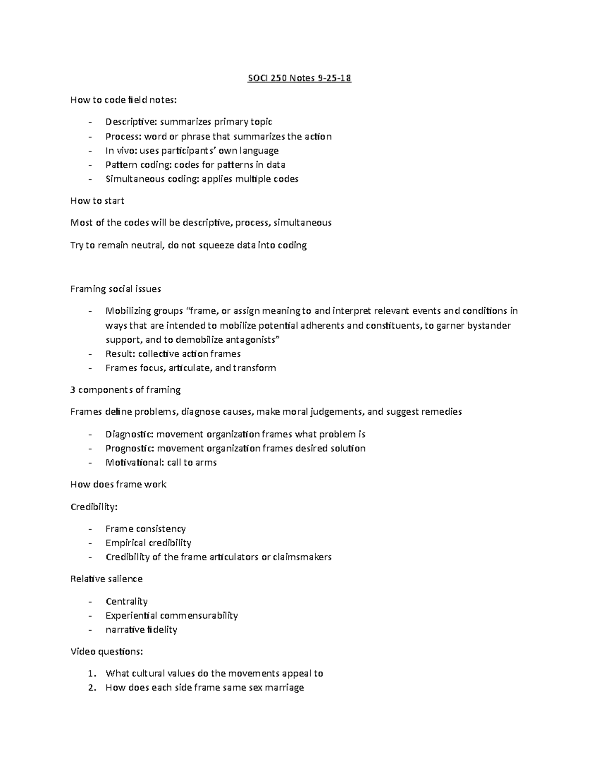 SOCI 250 Notes 92518 SOCI 250 Notes How to code field notes