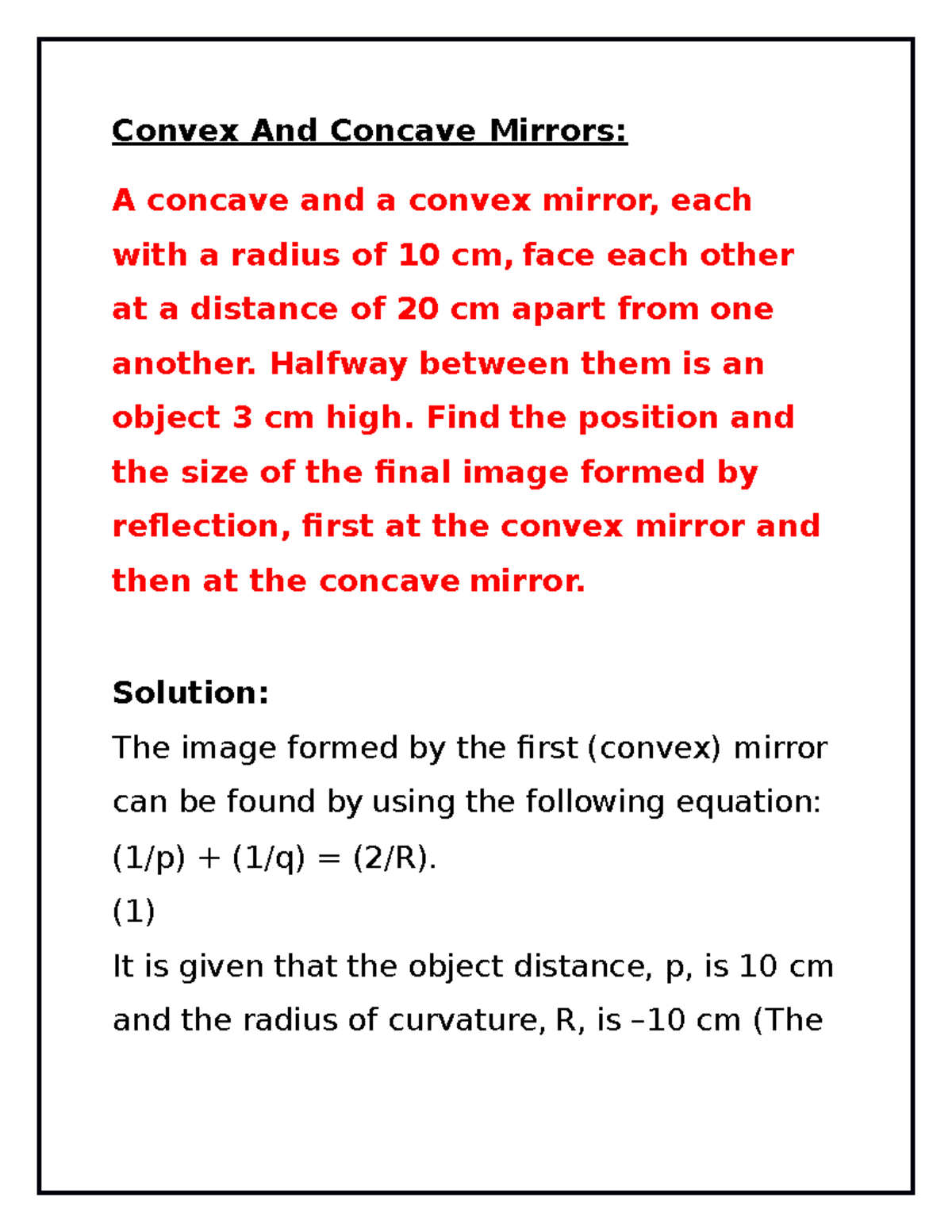 Numerical questions of Convex And Concave Mirrors Convex And Concave