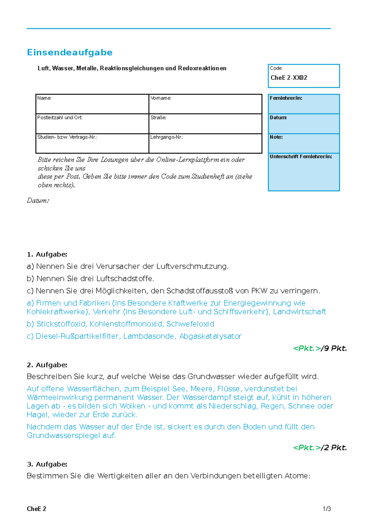 CHEE02 - Musterlösung Einsendeaufgabe - Einsendeaufgabe Luft, Wasser ...