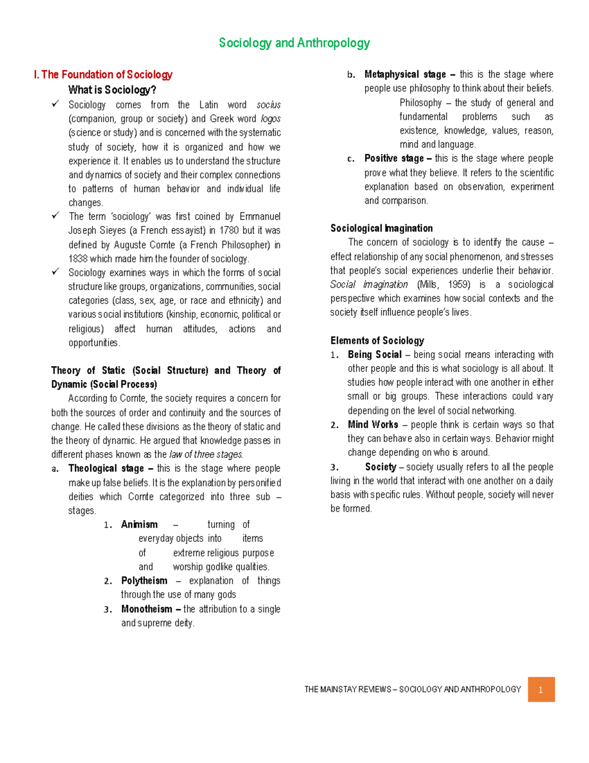 Sociology and Anthropology Final Handout - Sociology and Anthropology I ...