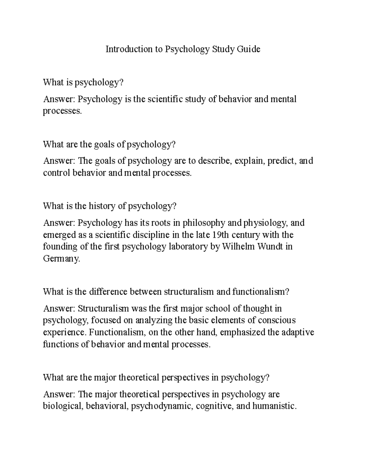 Introduction to Psychology Study Guide - What are the goals of ...