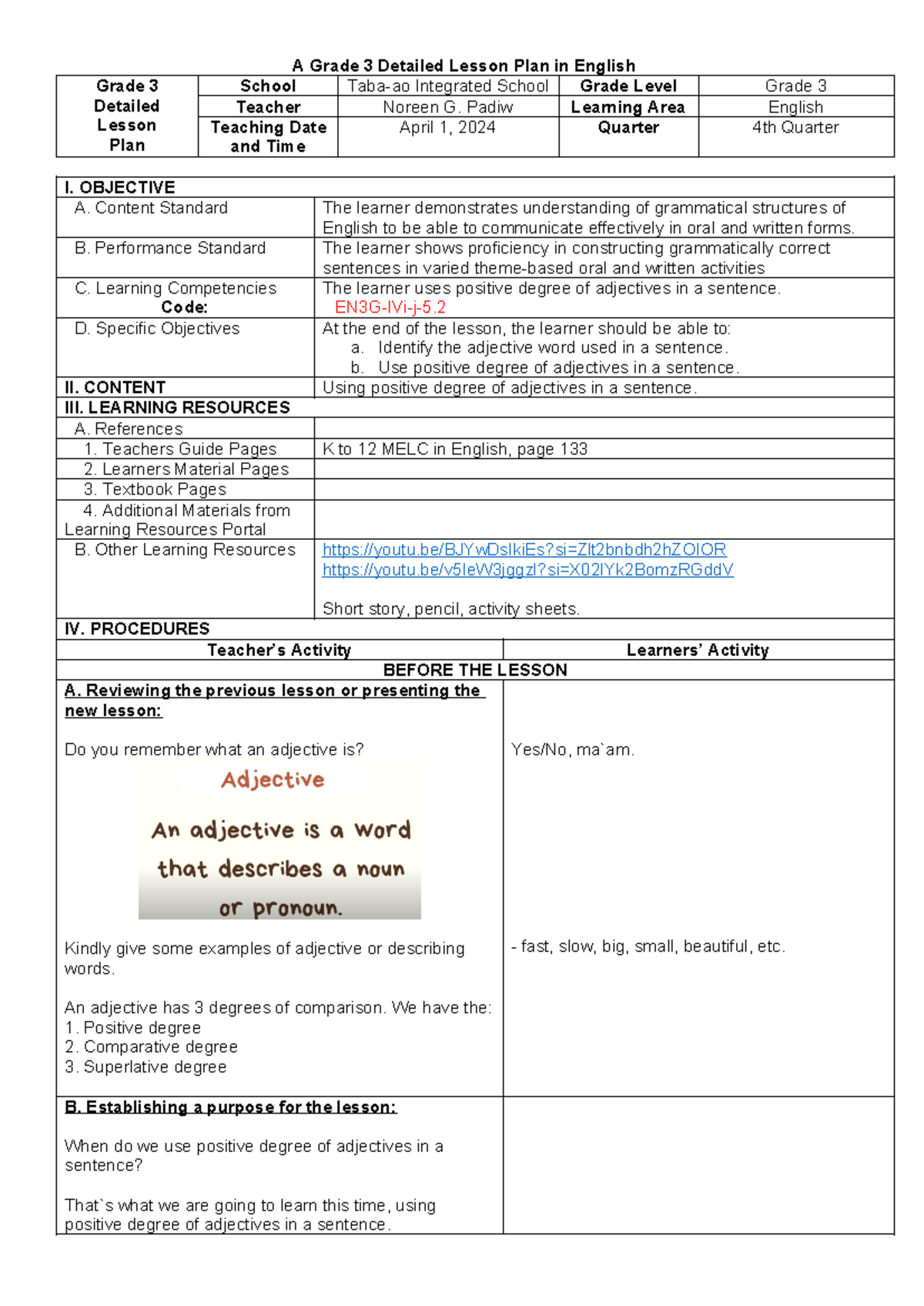 English 3 - April 1, 2024 - A Grade 3 Detailed Lesson Plan in English ...