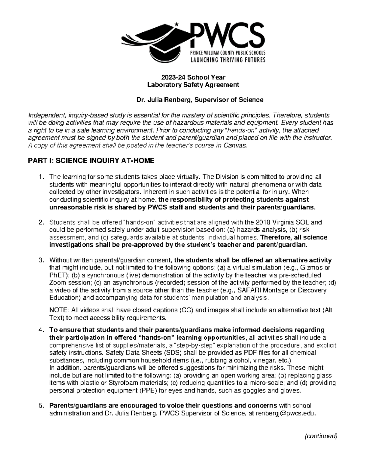202324 PWCS Secondary Science Lab Safety Agreement (English) 2023