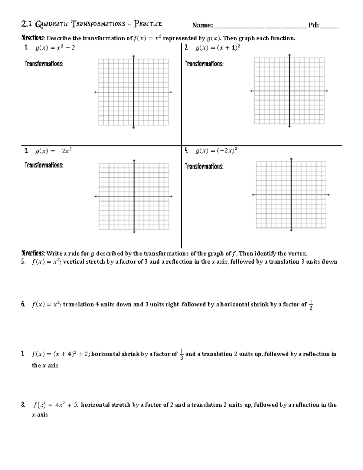 A2 2.1 Practice - Algebra 2 - 2 Quadratic Transformations - Practice ...