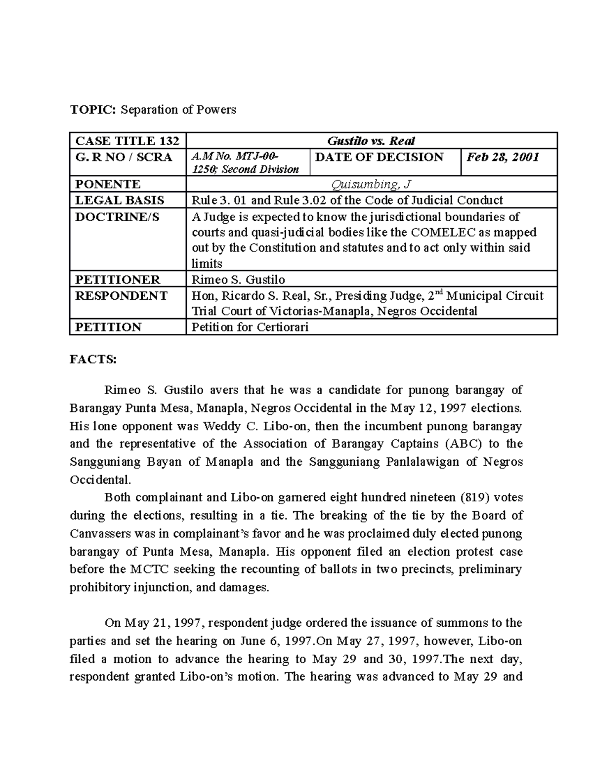 Gustilo Vs Real TOPIC Separation Of Powers CASE TITLE 132 Gustilo Vs Real G R NO SCRA A 