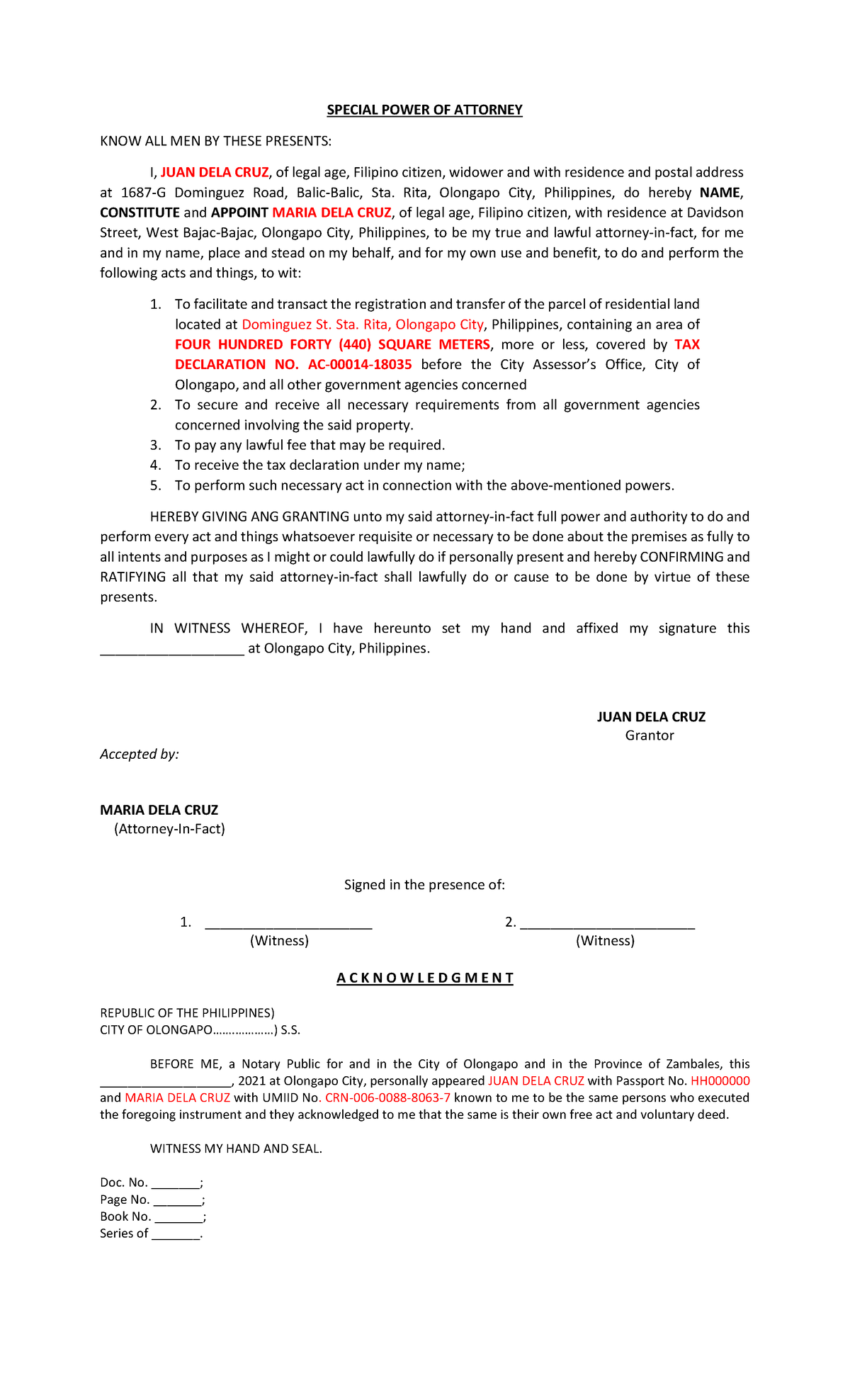 SPA- Template - SPECIAL POWER OF ATTORNEY KNOW ALL MEN BY THESE ...