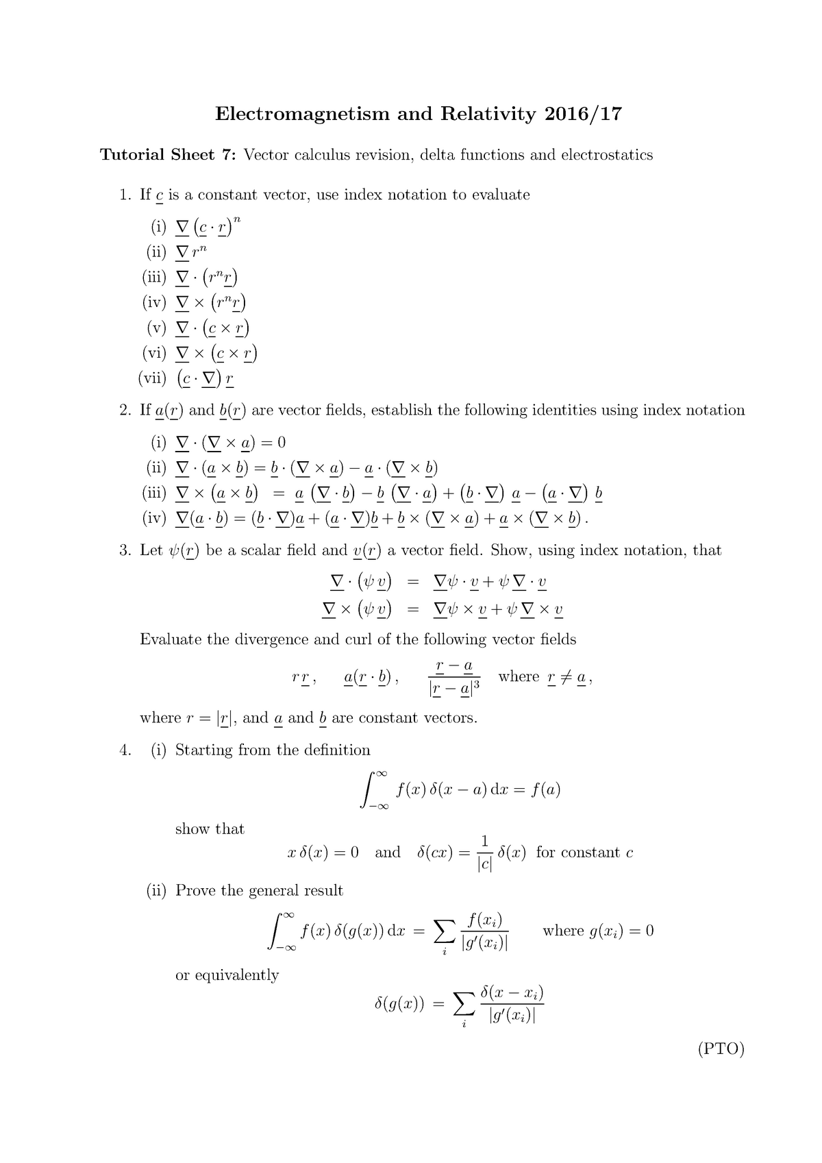 Tutorial 07 - Electromagnetism And Relativity Tutorial Sheet 7: Vector ...