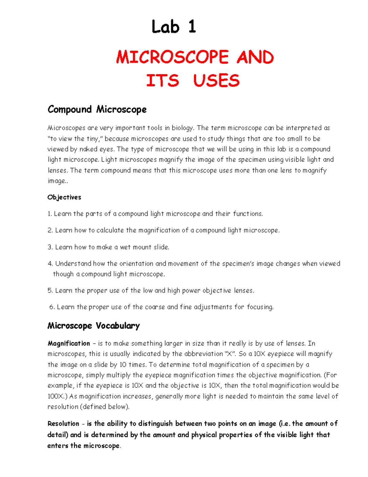 Microscopelab Manual Lab 1 MICROSCOPE AND ITS USES Compound
