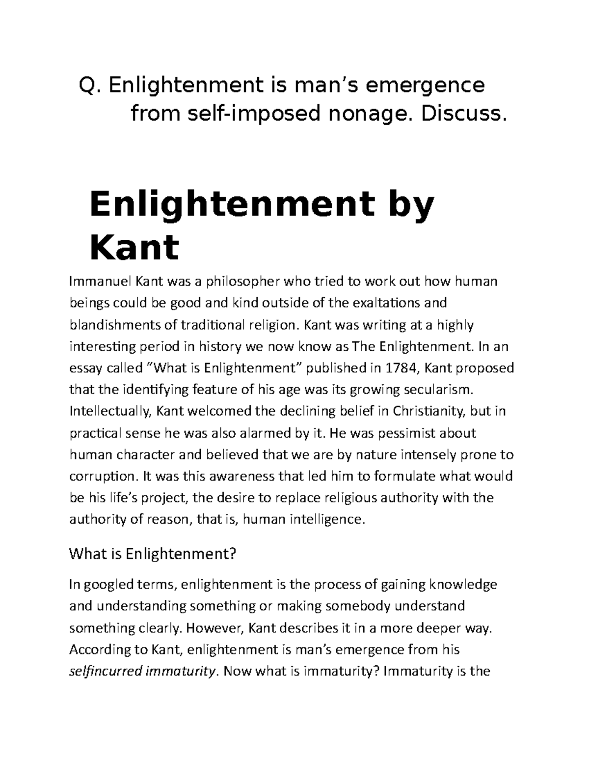 Enlightenment by Kant Analysis in Modern Times - Q. Enlightenment is man’s emergence from - Studocu