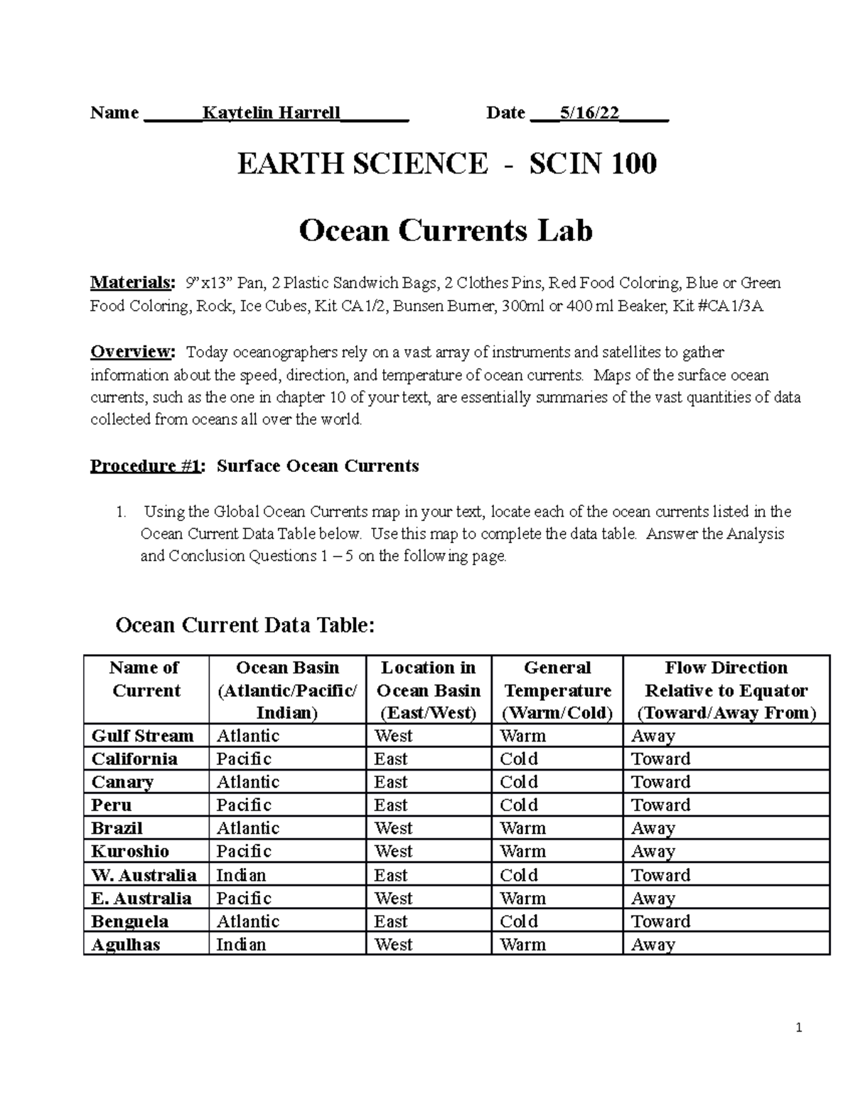 Lab Ocean Currents Name Kaytelin Harrell_ Date 5/16/22__ EARTH