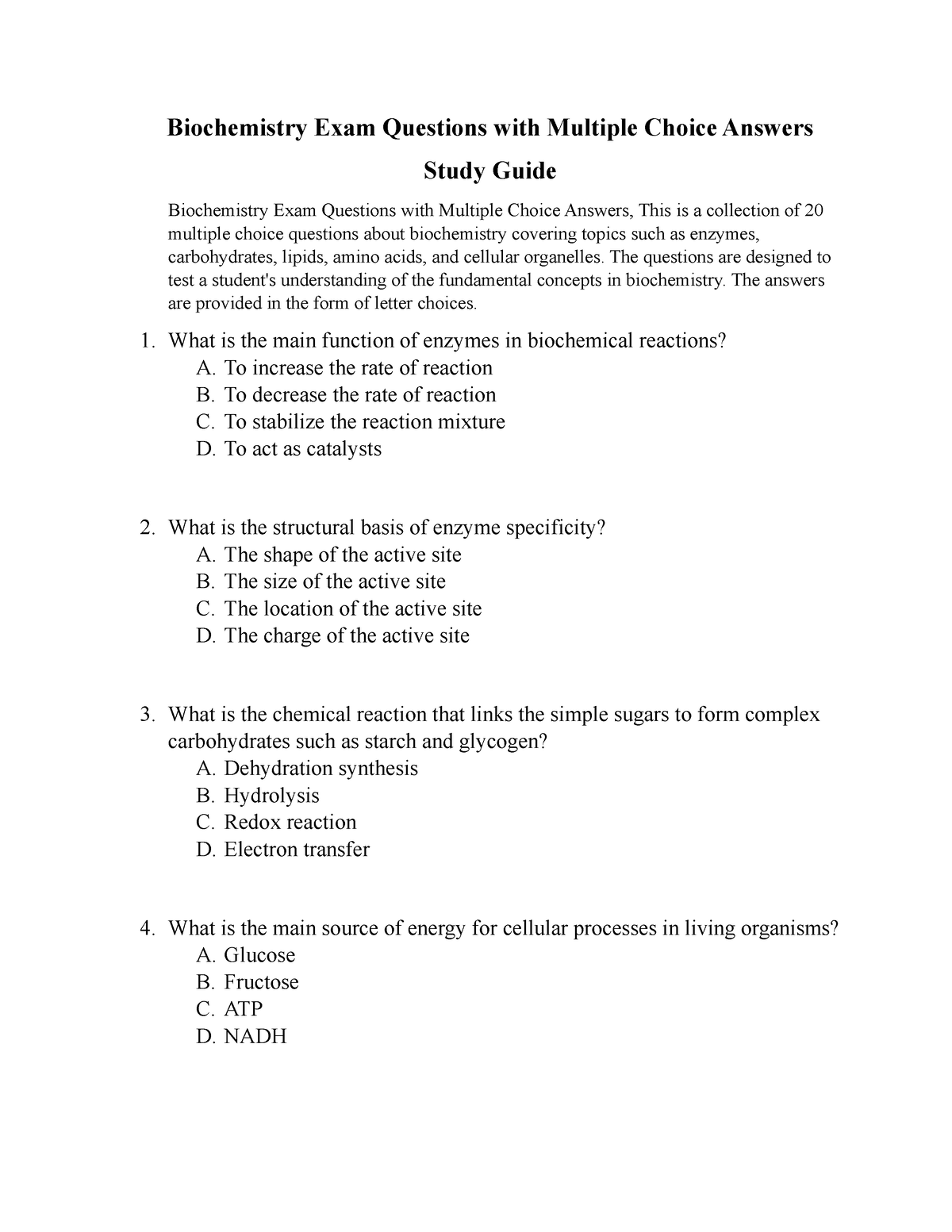 Biochemistry Exam Questions With Multiple Choice Answers - The ...