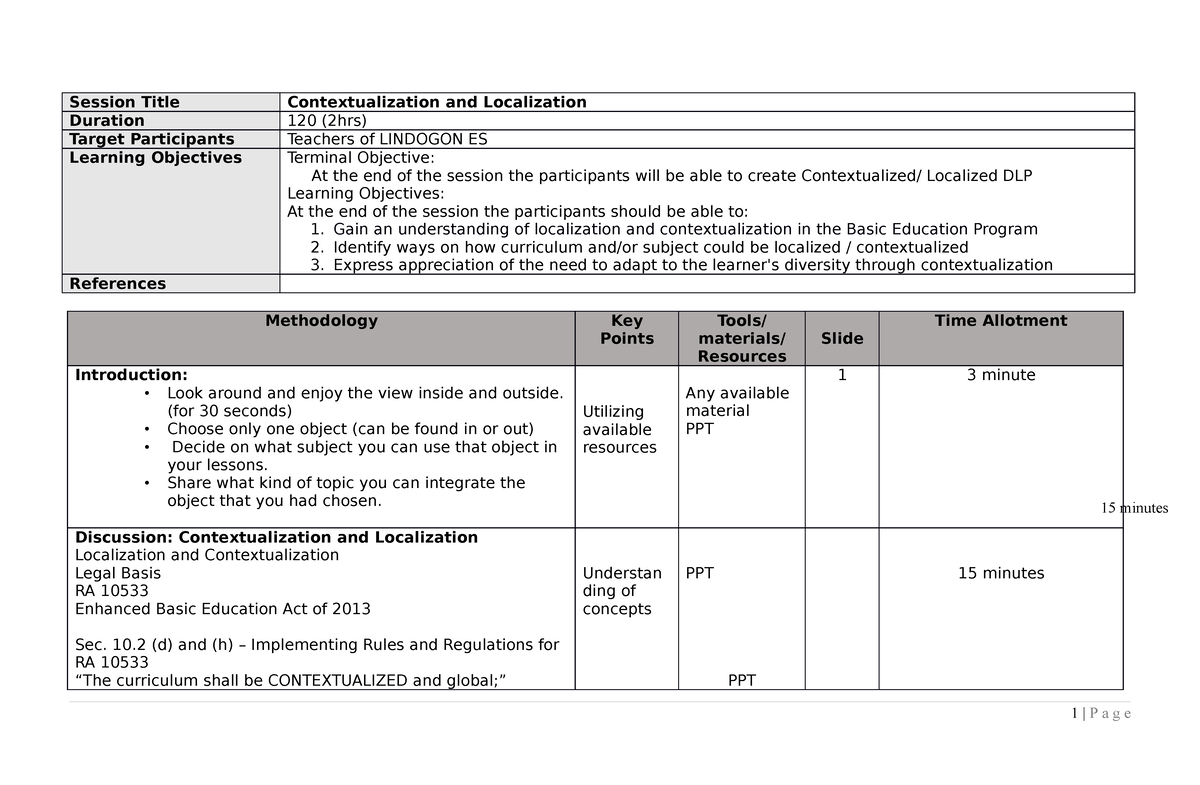 Sample Contextualized And Localized Lesson Plan In English - Printable ...