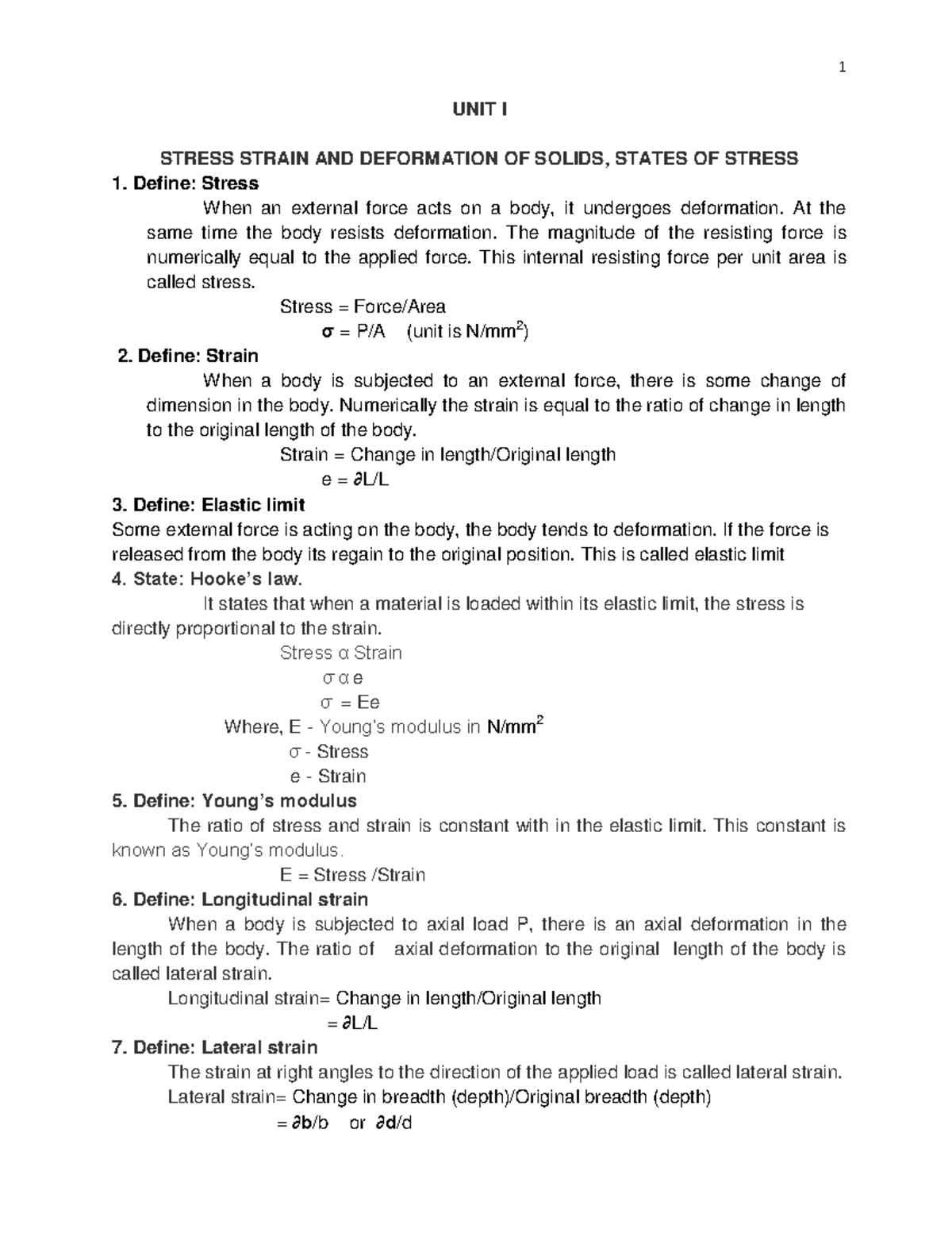 STRESS STRAIN AND DEFORMATION OF SOLIDS, STATES OF STRESS - At the same ...