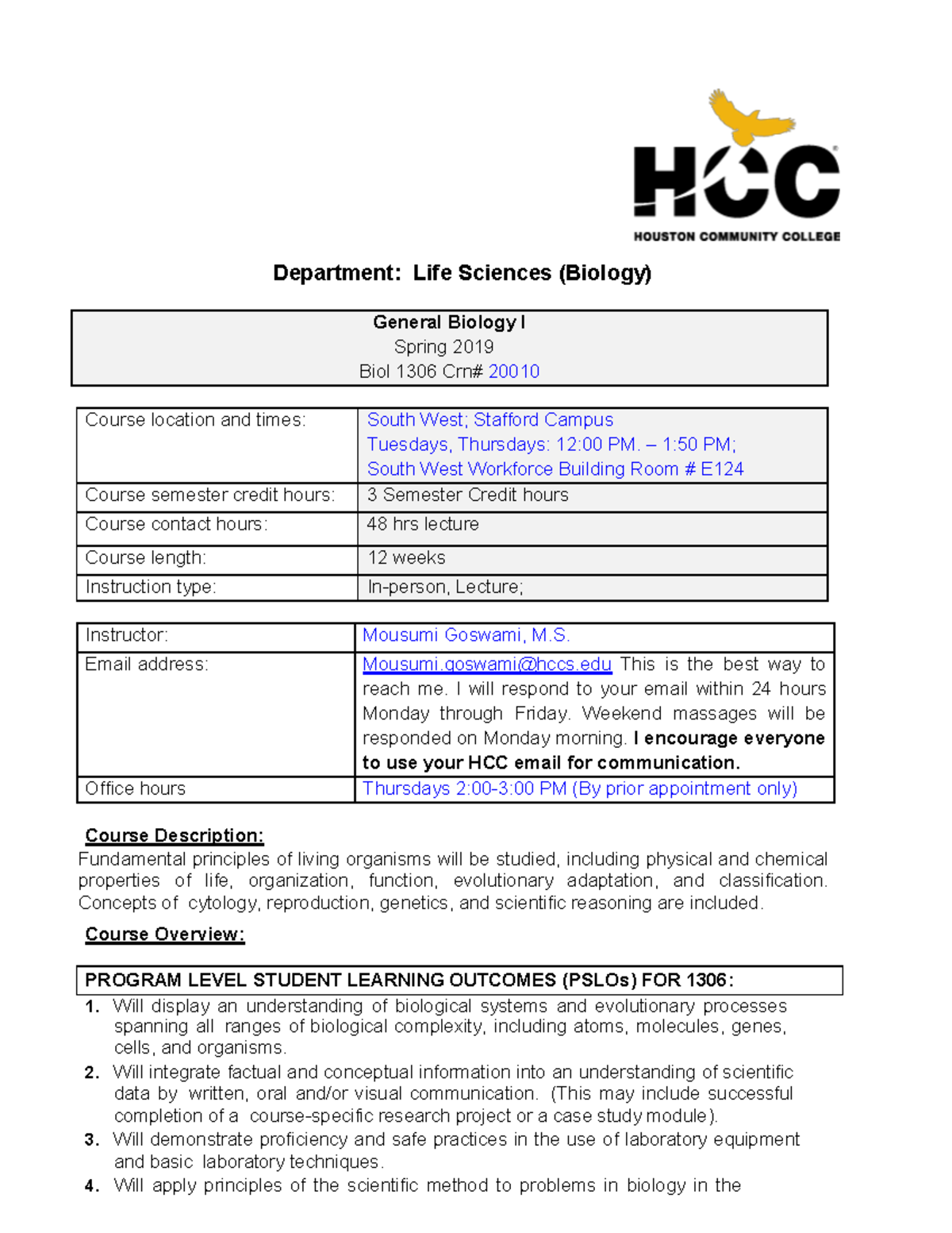 BIOL 1306 Second Start Course Outline - Department: Life Sciences ...