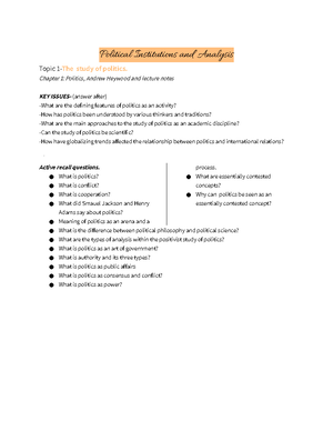 Topic 1 Summary - The Study of Politics - These class notes are brief ...