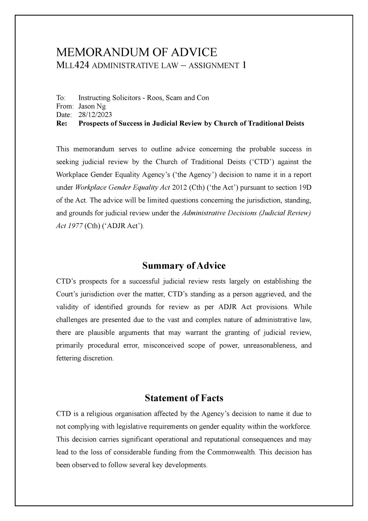 Memorandum of Advice - MEMORANDUM OF ADVICE MLL 424 ADMINISTRATIVE LAW ...