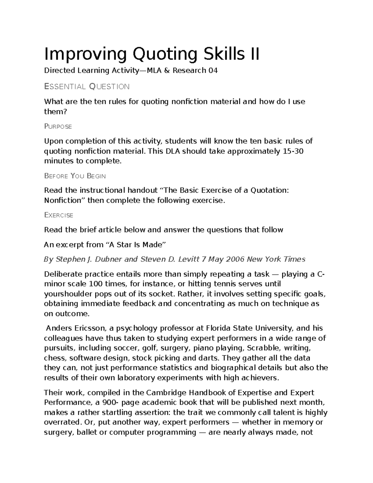 DLA-M.4 Improving Quoting Skills II - Improving Quoting Skills II ...