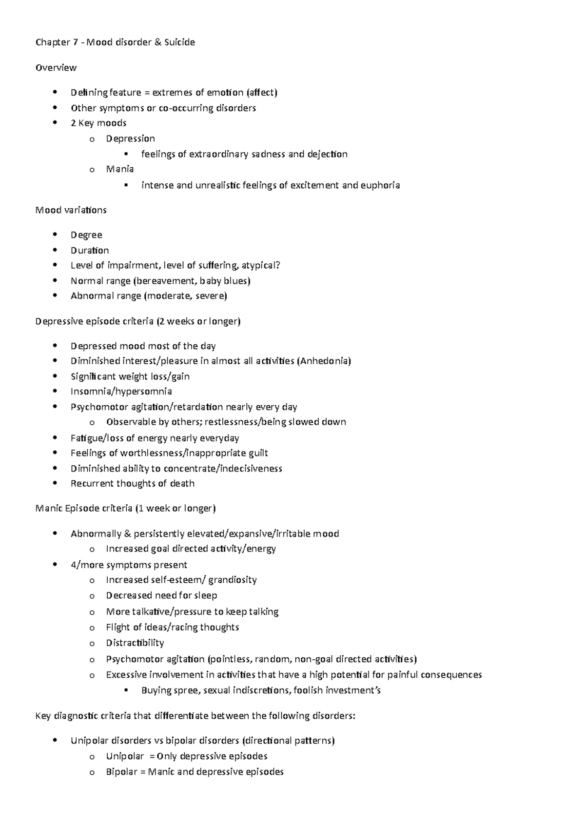 Chapter 7 - Mood disorder & suicide - Catatonic of or in an immobile or ...