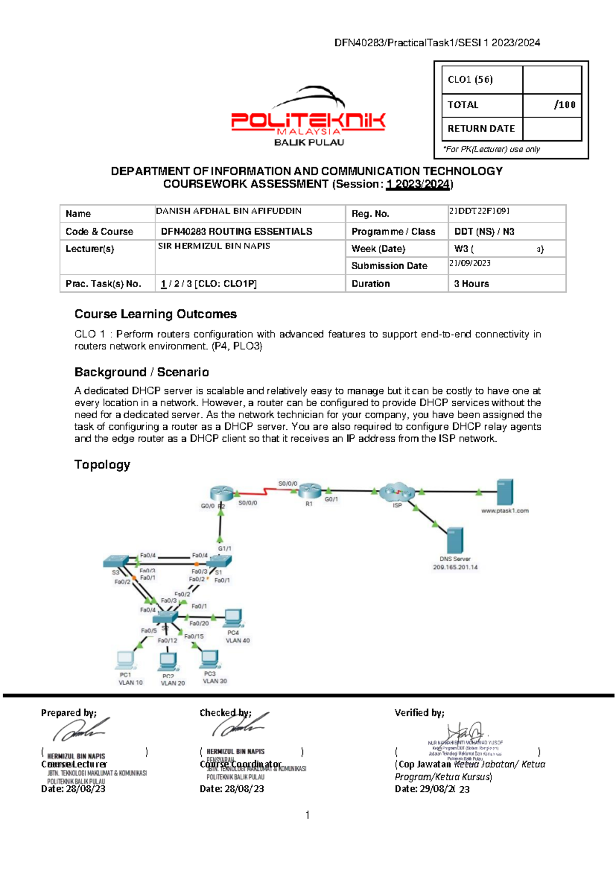 PTask 1 Routing Sesi1 23 24 - Configuring DHCPv 4 danish - DFN40283 ...